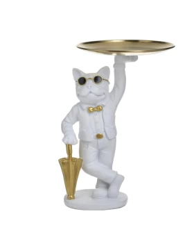 Γάτος με Δίσκο Polyresin Λευκός/Χρυσός 3-70-151-0356